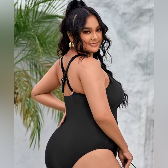 Ladies Black Tummy Control Black Plus Size One Piece Swim Suit - Picture 4 of 4